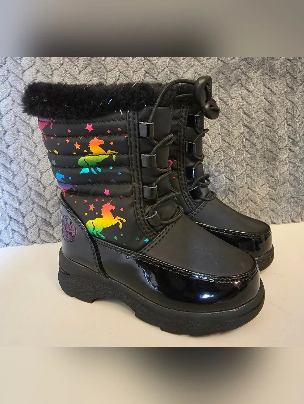 Black Kids Winter Boots with Rainbow Unicorns- Size 6